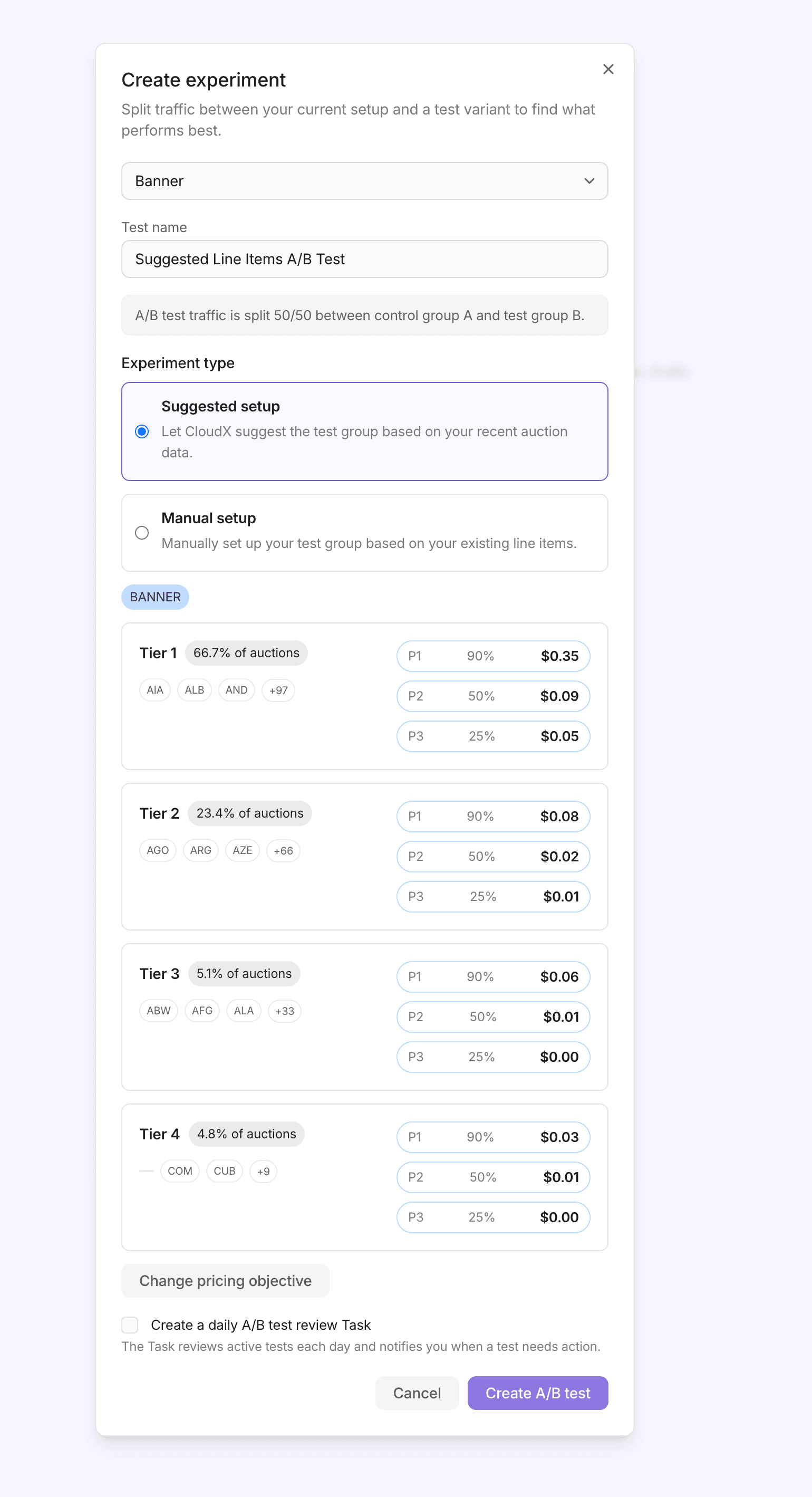 Create experiment dialog showing the suggested tiers and floors