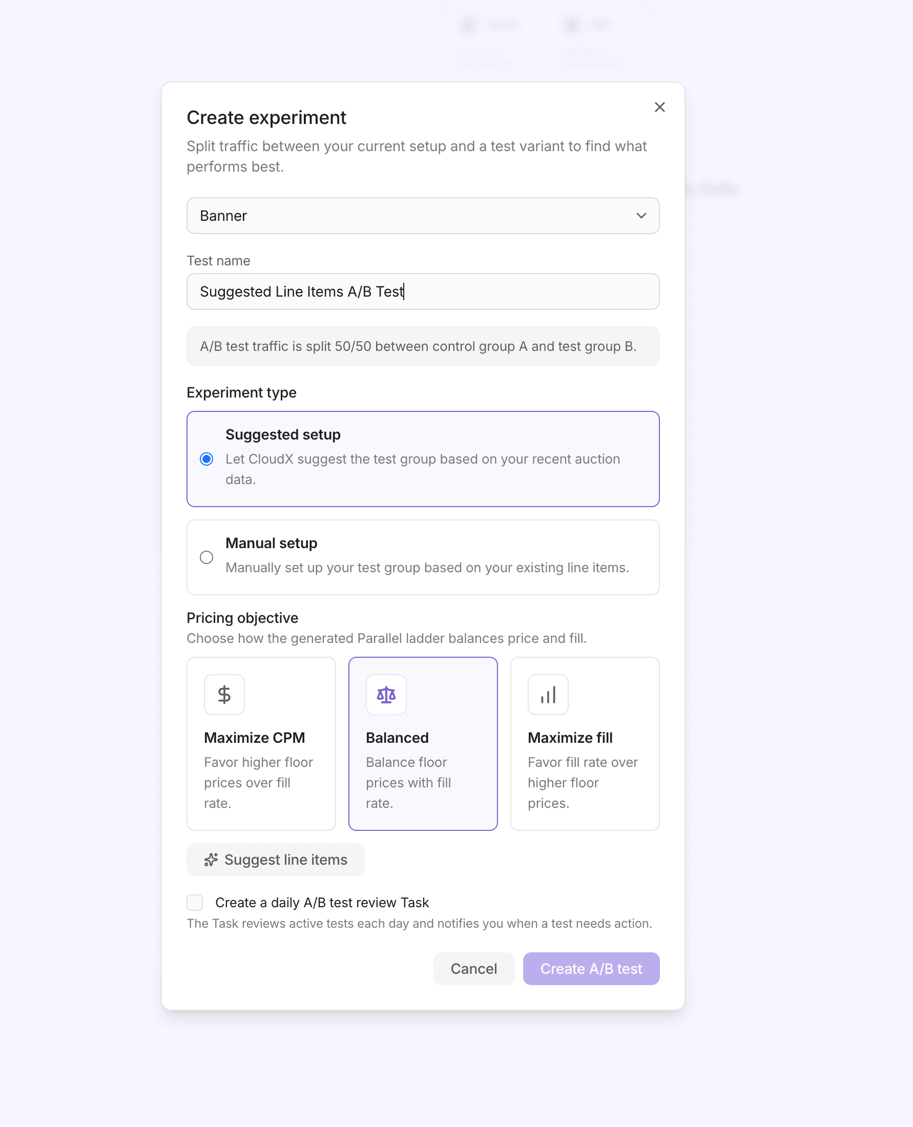 Create experiment dialog with Suggested setup selected and pricing objective options