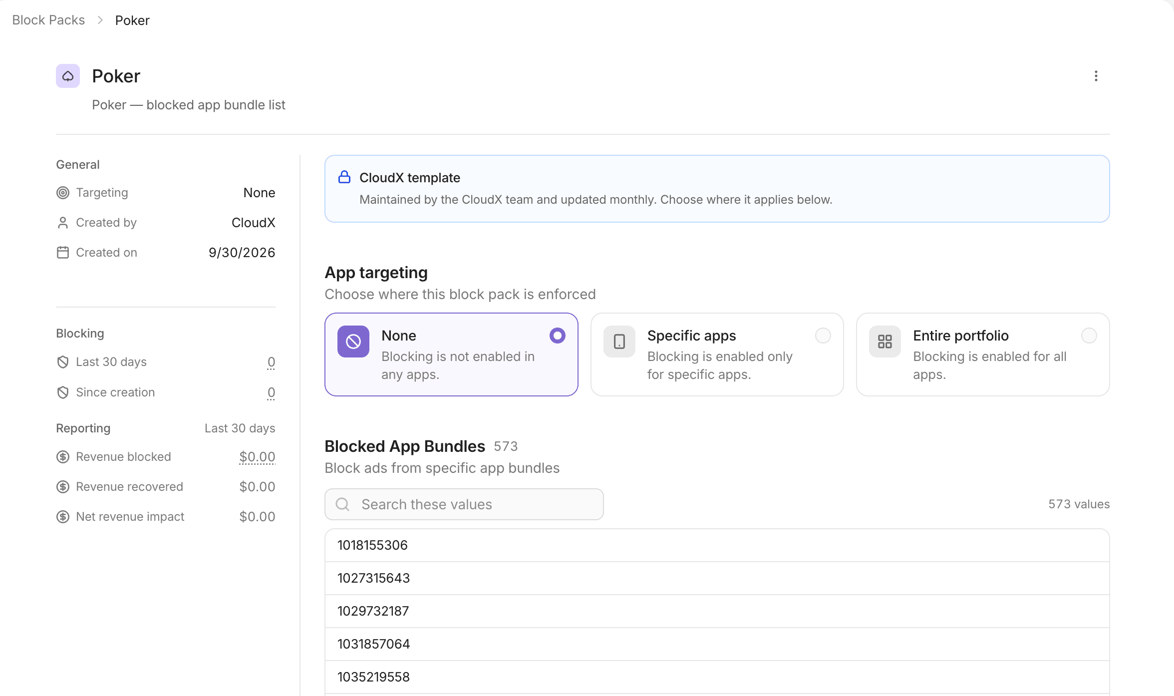 A template's page: where it applies and the app bundles it blocks