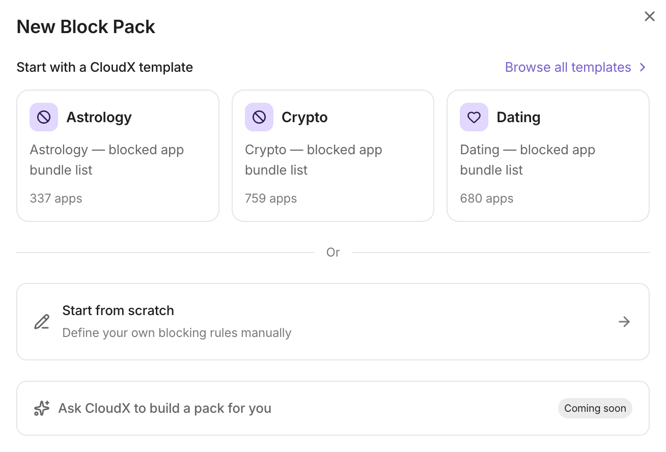 New Block Pack: start from a CloudX template or from scratch
