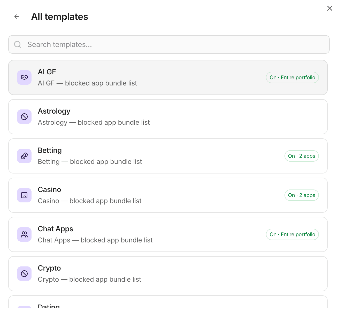 All CloudX templates, with the ones turned on marked On