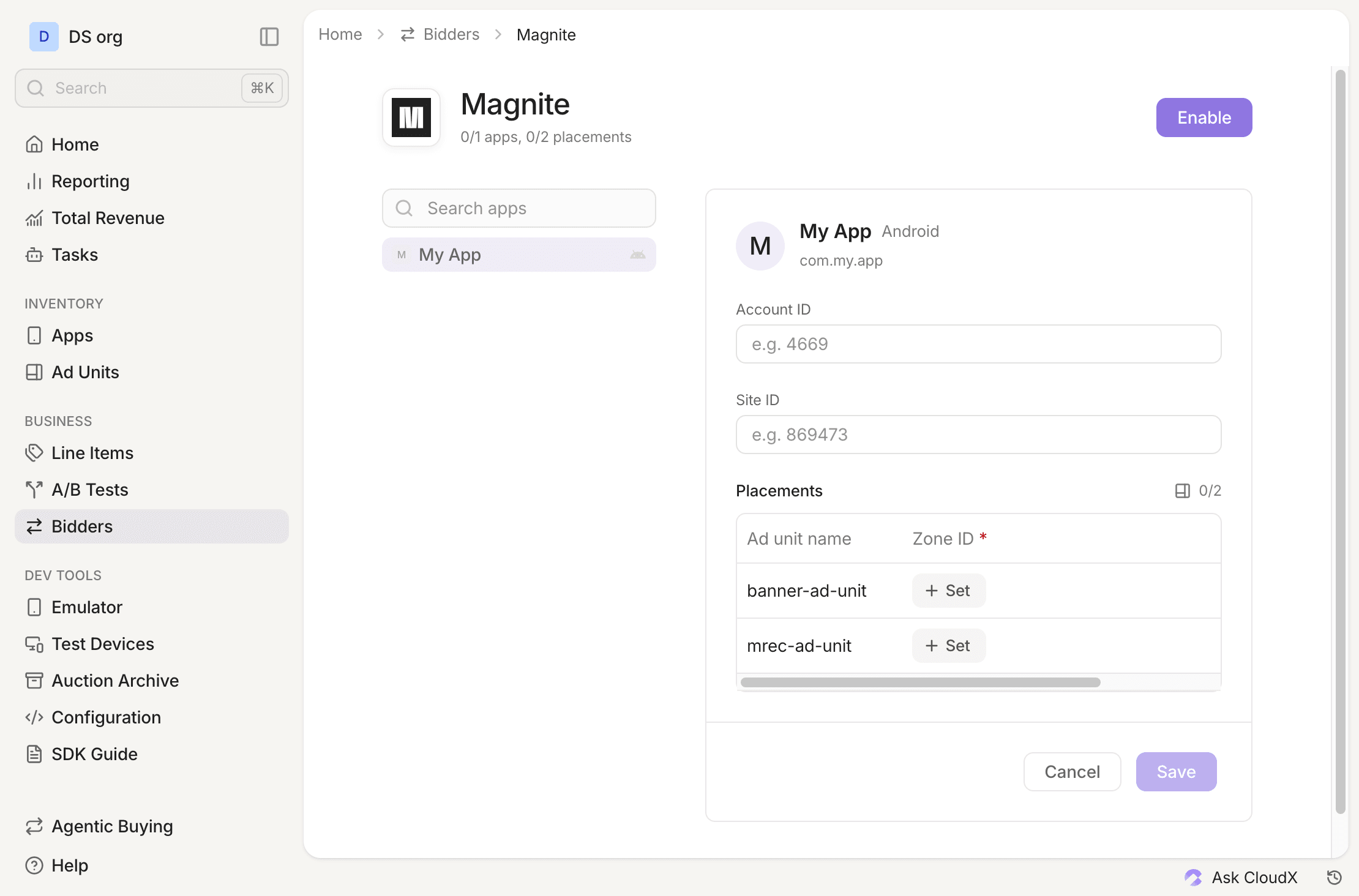 Magnite in the Bidders section