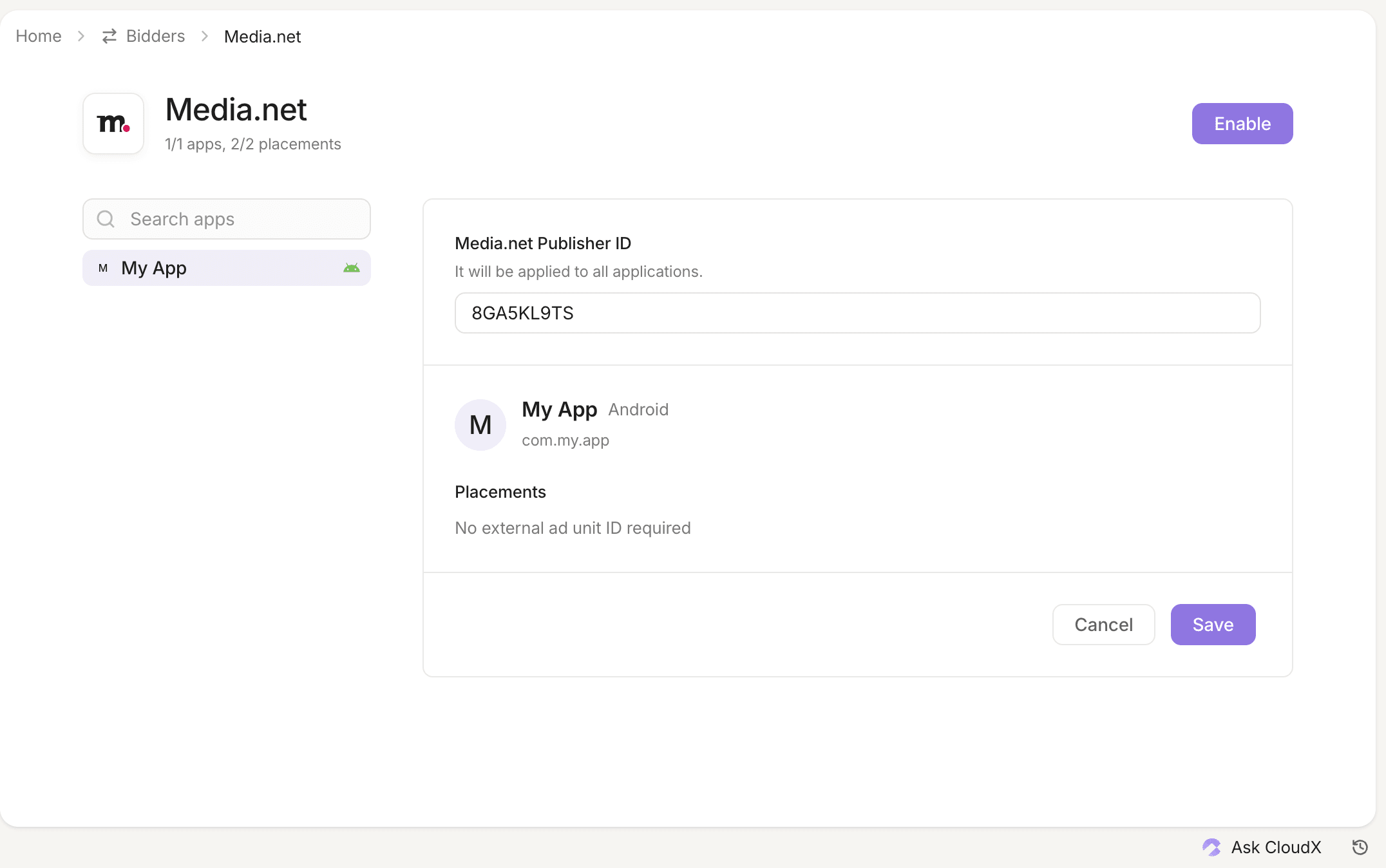 Media.net Publisher ID in the Bidders section