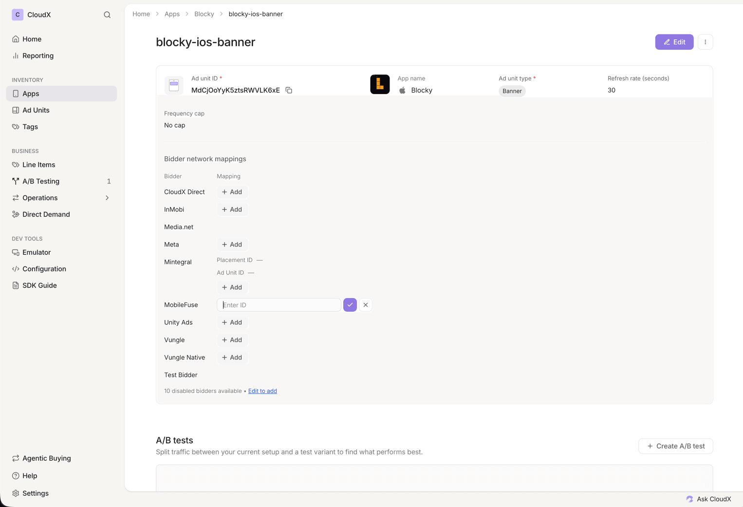 MobileFuse Placement ID on a CloudX ad unit