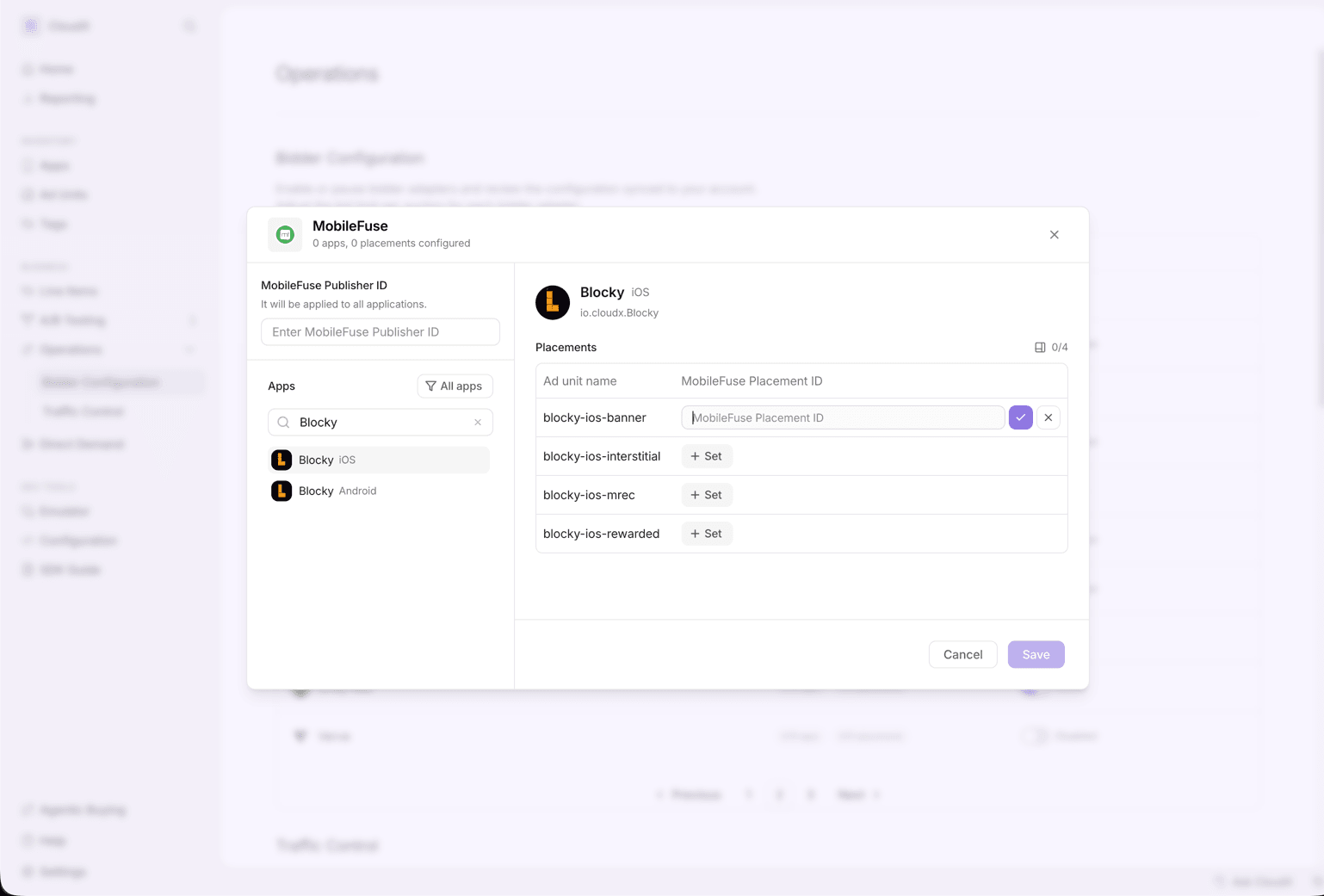 MobileFuse Publisher ID and app placement configuration