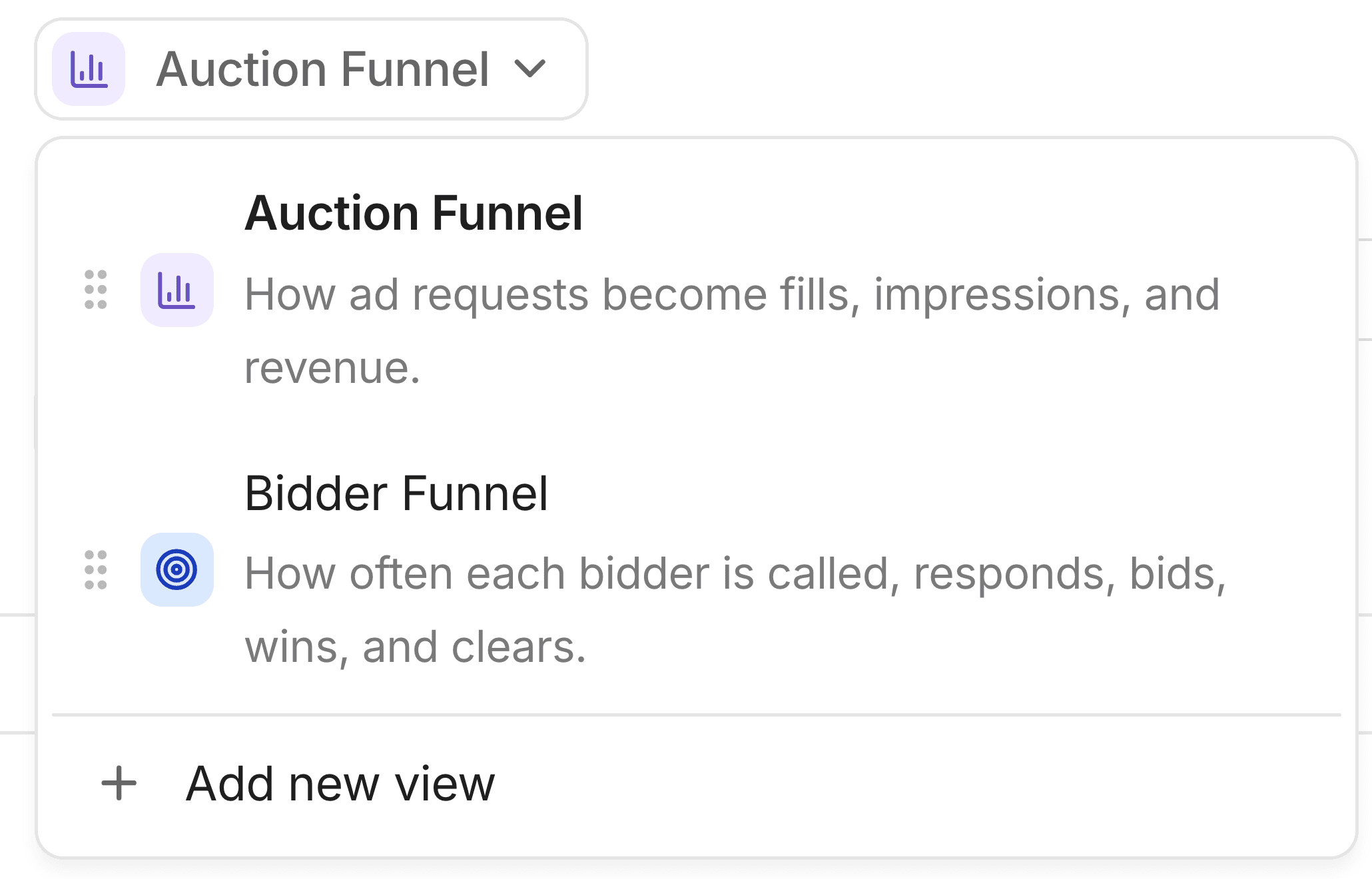 Reporting view menu with Auction Funnel selected, Bidder Funnel, and Add new view.