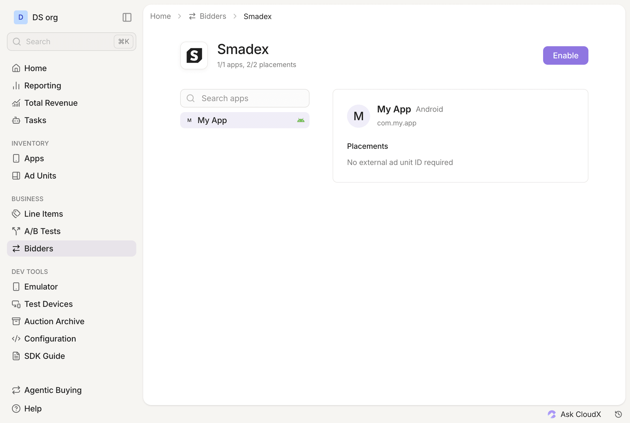 Smadex in the Bidders section