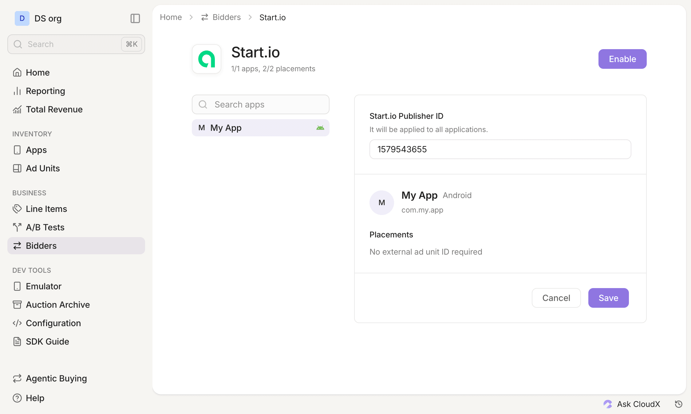 Start.io Publisher ID in the Bidders section