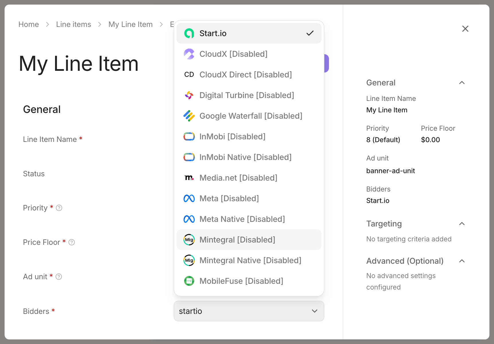 Start.io selected on a CloudX line item