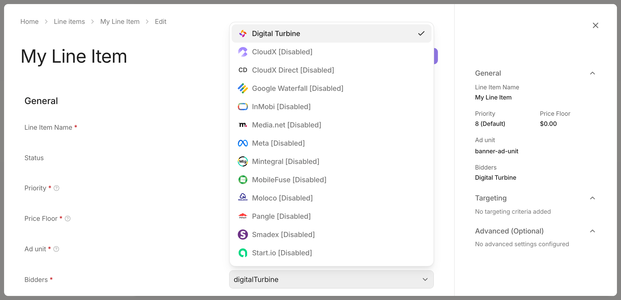 Digital Turbine selected on a CloudX line item
