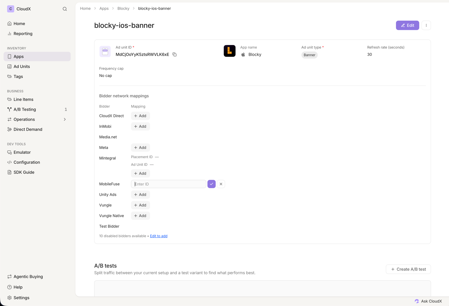 MobileFuse Placement ID on a CloudX ad unit