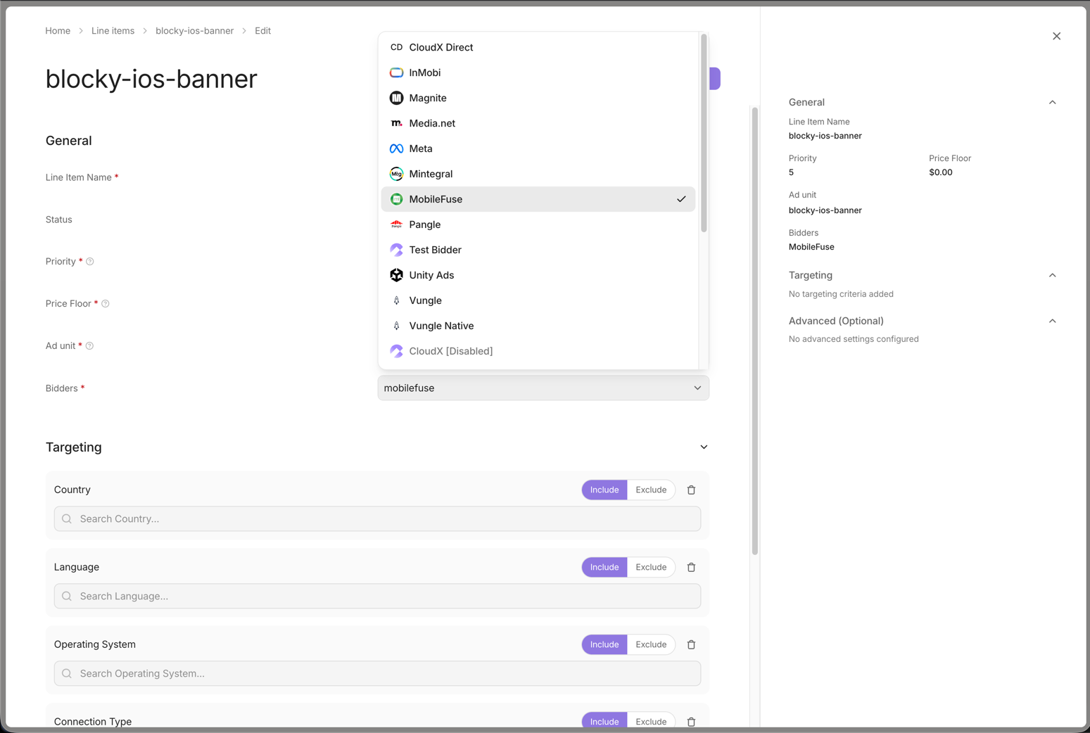 MobileFuse selected on a CloudX line item