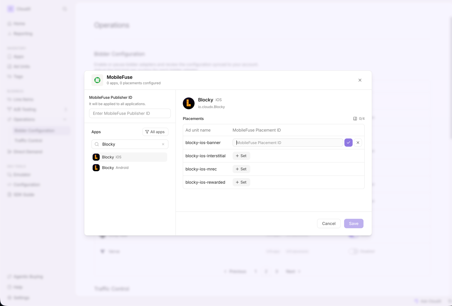 MobileFuse Publisher ID and app placement configuration